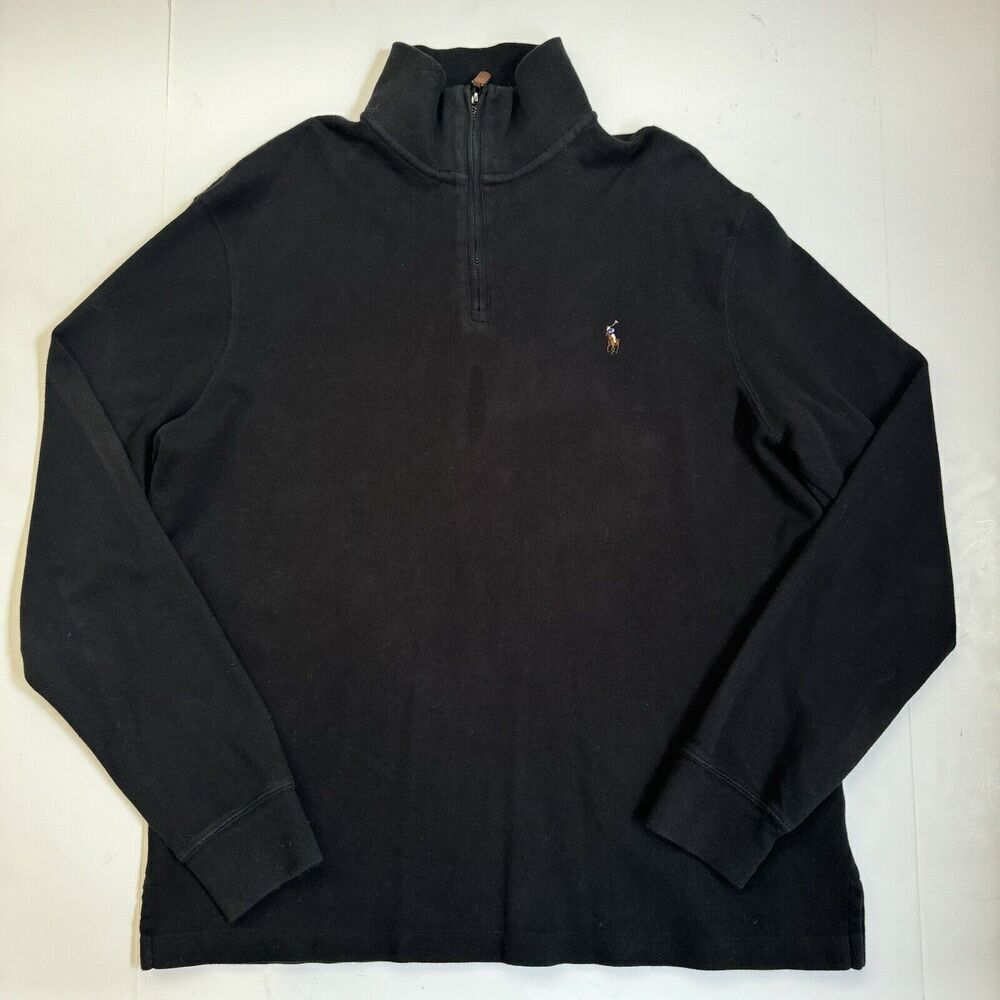 POLO RALPH LAUREN Sweatshirt Mens L Estate Rib 1/4 Zip Long Sleeve Black Pony